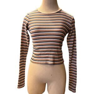 Brandy Melville Crop Long Sleeve Crew Neck Striped Shirt Size XS Red Yellow Blue